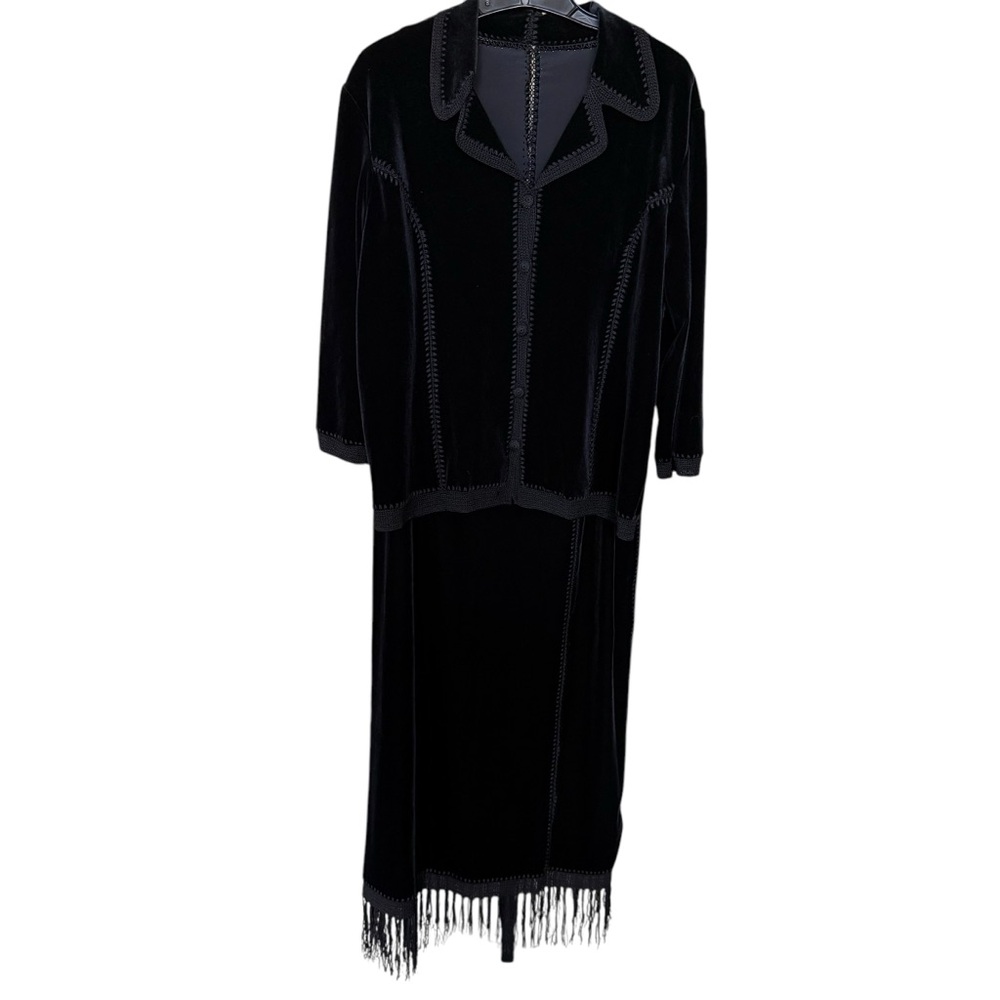 Vintage Sophie Chang Velvet Crochet Skirt Jacket Sz XL Black Midi With Fringe